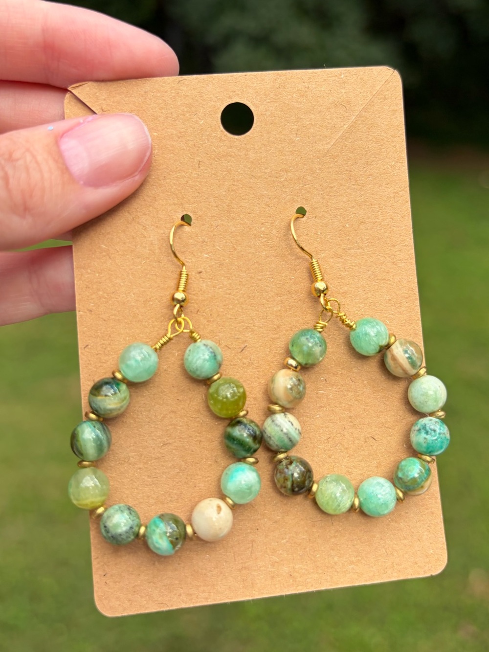 E23 Handmade Green Beaded Hoop Earrings - Gold Hooks